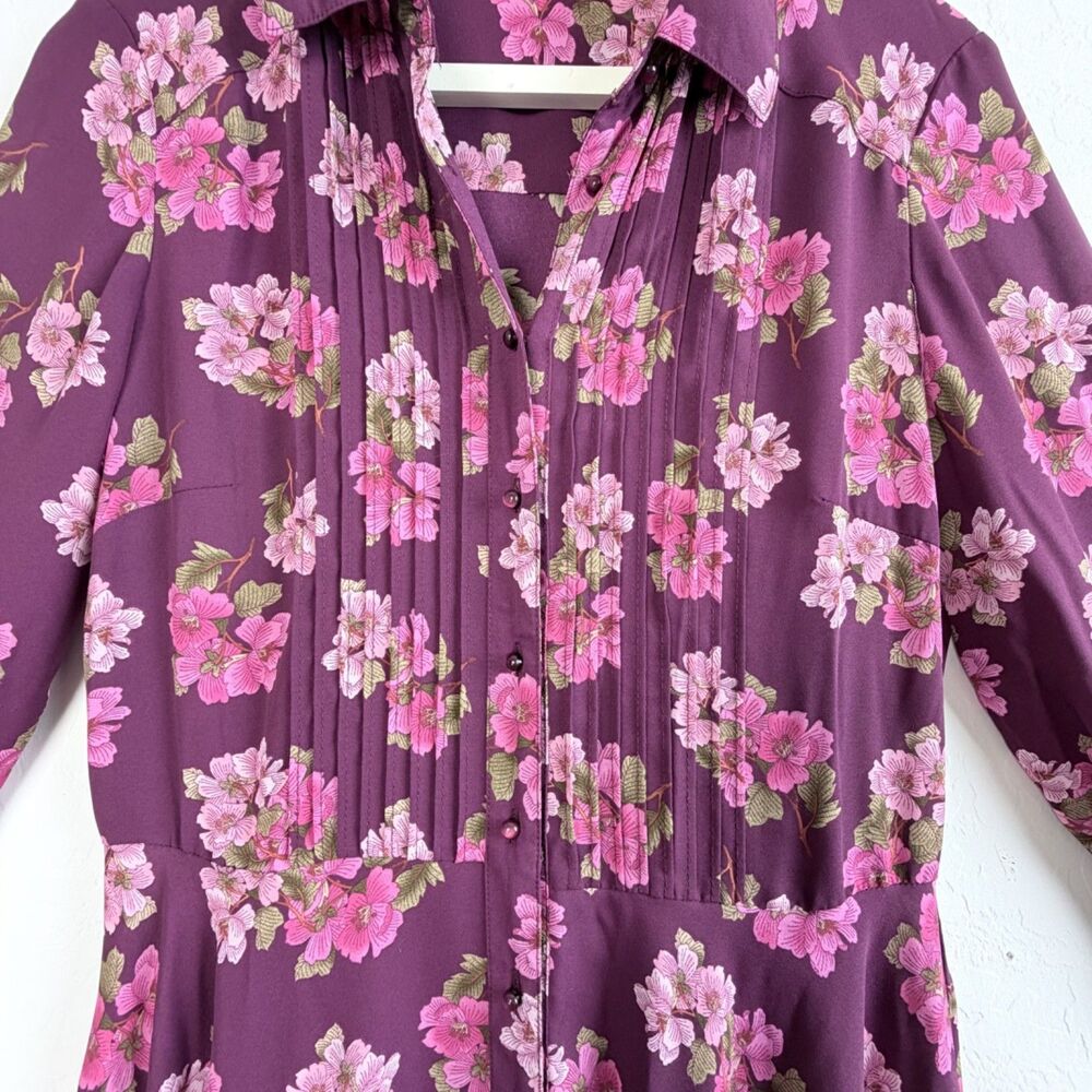 Nanette Lepore Burgundy Floral Button Front Long Sleeve Dress 4 Button Cuff Sz 8 - Picture 5 of 6
